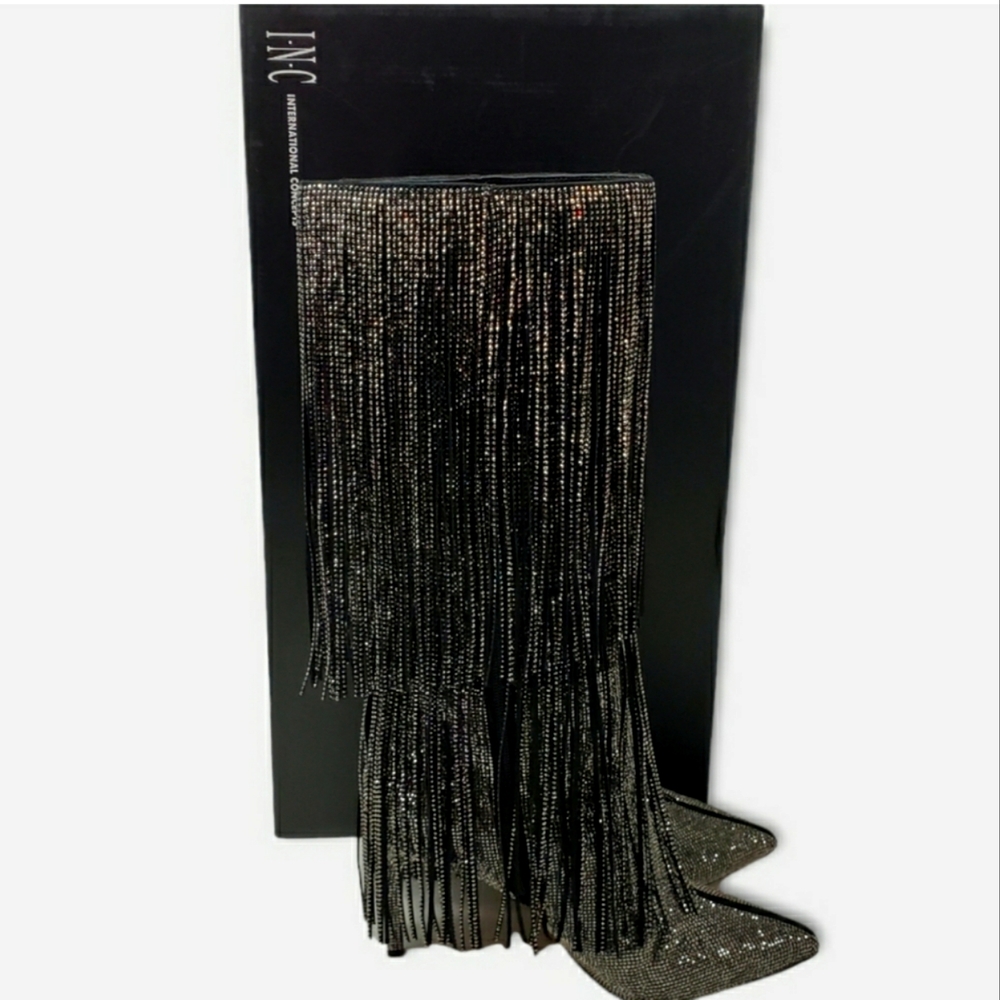 NWT Fringe Rhinestone Beaded Heeled Knee-High Boots Pointed Toe Metallic Boot - Picture 9 of 16